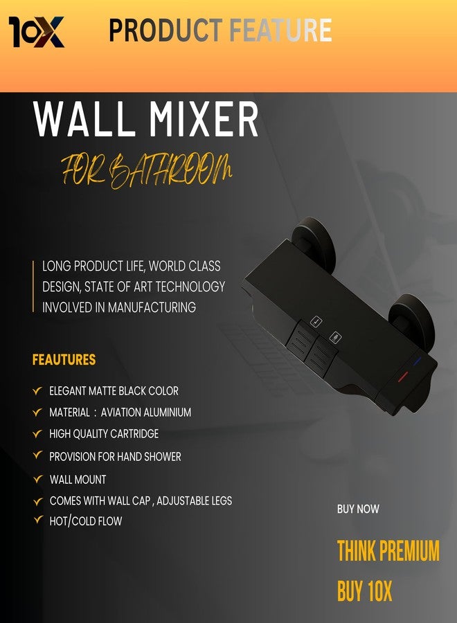 10X All Black Wall Mixer 2 in 1 for Bathroom ZH-7104 | Hot & Cold | Piano Key Controls | Dual Flow (Waterfall & Normal) | Modern Flat Design - Image 2